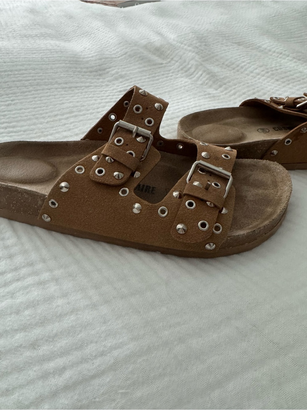 Studded Suede Double-Buckle Slide Sandals - Brown